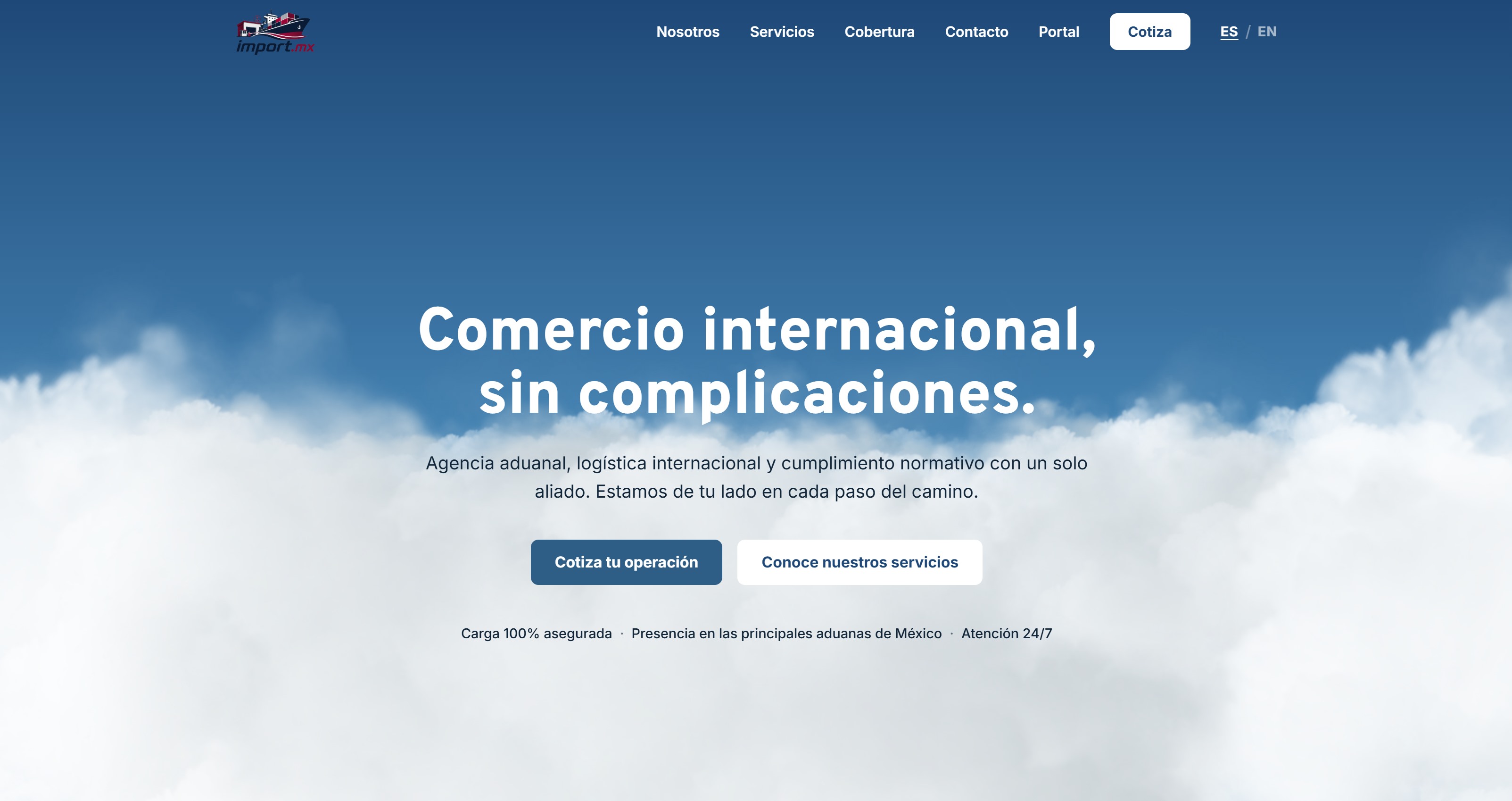 La p&aacute;gina de inicio con el logotipo anterior de import.mx en el encabezado, a 50 p&iacute;xeles de alto